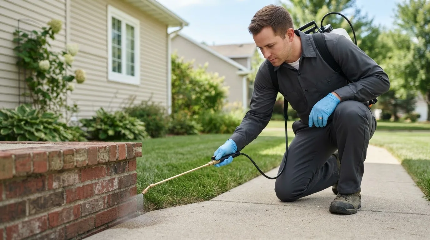 Pest control technician treating a home near Dedham, MA