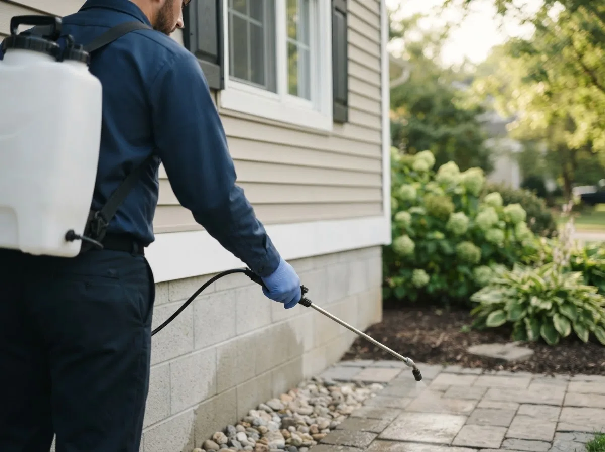 Pest control technician inspecting a home in Dedham, MA